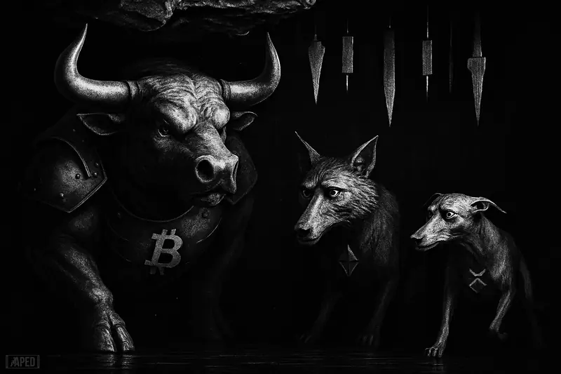 Three grayscale market beasts strain beneath looming resistance, with a dominant bull halted under a jagged ceiling in a dark data-grid setting.