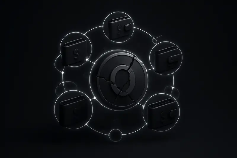 Neon blue nodes connected by thin lines surround a fractured glowing coin, floating on a dark, smoky background.