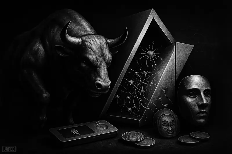 A cybernetic bull guards a triangular vault-like blockchain core releasing swarming AI micro-agents amid wallet, biometric, and payment tech props.