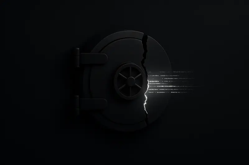 A dark steel vault door fractured open, with thin glowing data streams escaping into a black, high-tech background.