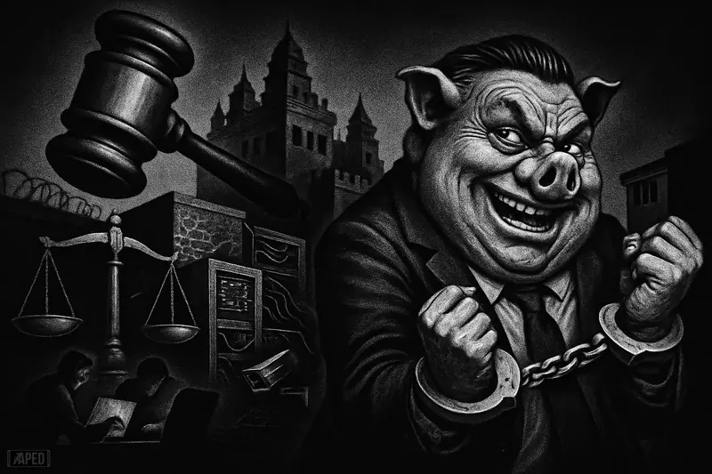 A pig-like scammer in handcuffs is dragged toward a prison-like fraud compound beneath a giant gavel in a dark grayscale scene.