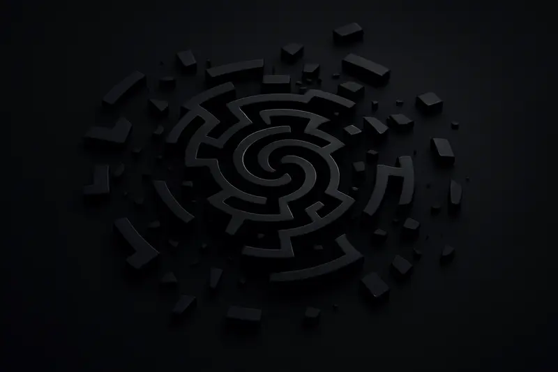 Glowing fragmented circuit-maze shards spiral into a dark vortex, with faint dotted trails disappearing into shadow on black.