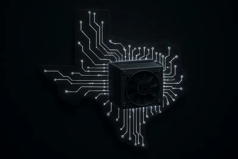 Dark black cover showing a neon-outlined Texas shape made of circuit traces, with three glowing nodes and faint heat haze.