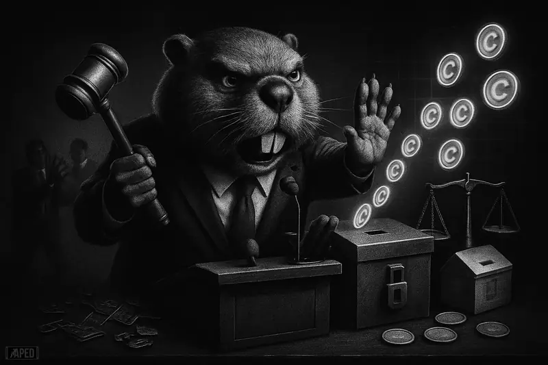 A stern beaver politician blocks digital tokens from a locked donation box beside a gavel, scales, and ballot box in a dark grayscale scene.