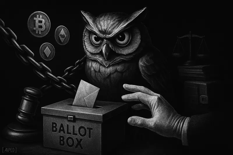 A metallic owl guards a ballot box while chains and a gavel block shadowy crypto tokens in a dark election-security scene.