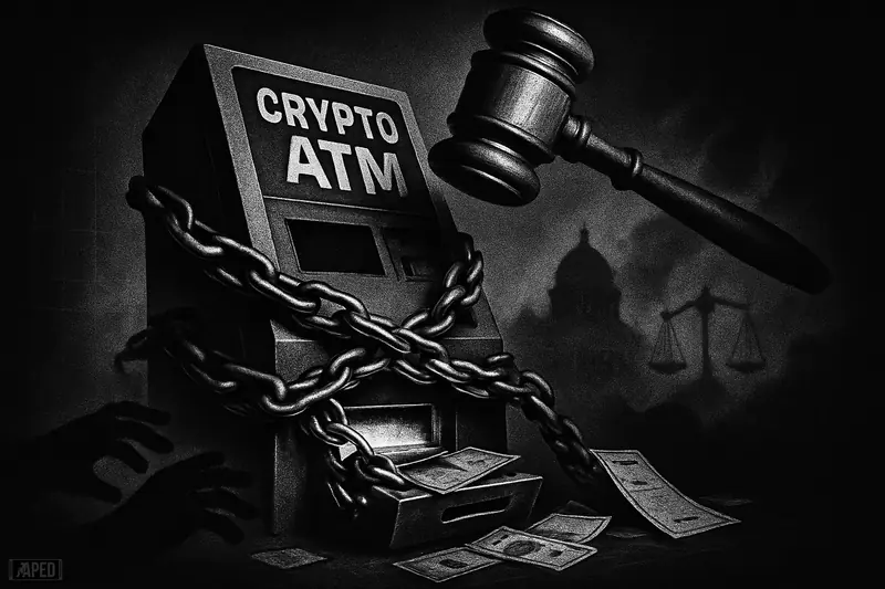 A looming crypto ATM is chained under a descending gavel, with shadowy hands, cash, and dark government symbolism behind it.