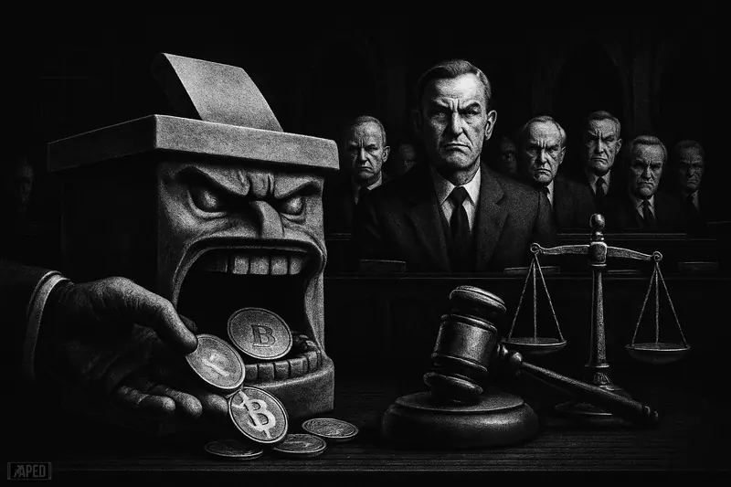 A locked ballot box, crypto tokens, gavel, and stern lawmakers in a dark parliament chamber evoke a ban on political crypto donations.