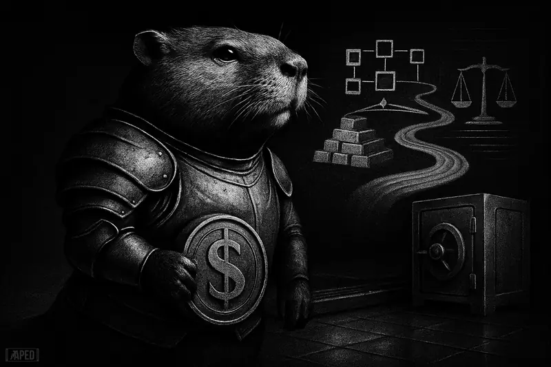A stern beaver in armored financial gear stands by digital payment rails and regulatory symbols in a dark monochrome banking scene.