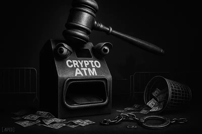 A sinister crypto ATM faces a descending gavel amid spilled cash, chains, and security props in a dark monochrome scene.