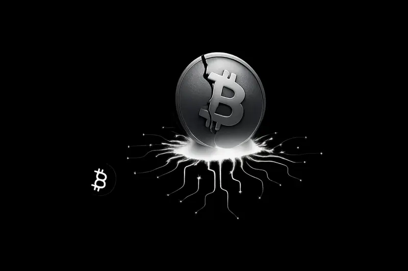 A cracked, dimly glowing coin liquefies into neon circuit lines forming a brain-like grid on a black background.