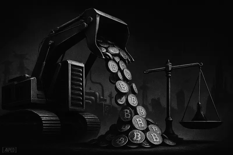 A grayscale industrial machine unloads bitcoin tokens onto a scale, with mining rigs and AI infrastructure looming in a dark cinematic scene.