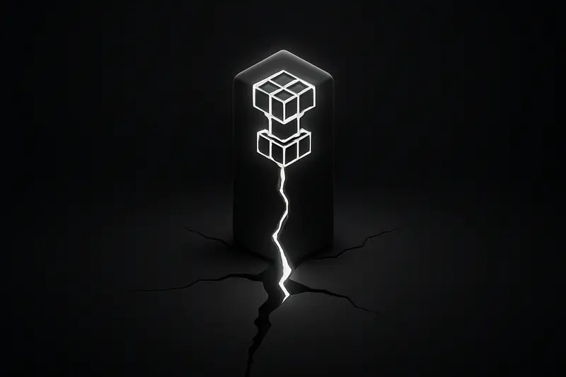 A tall neon lattice tower of connected cubes floating above a widening crack, with faint falling sparks on black.