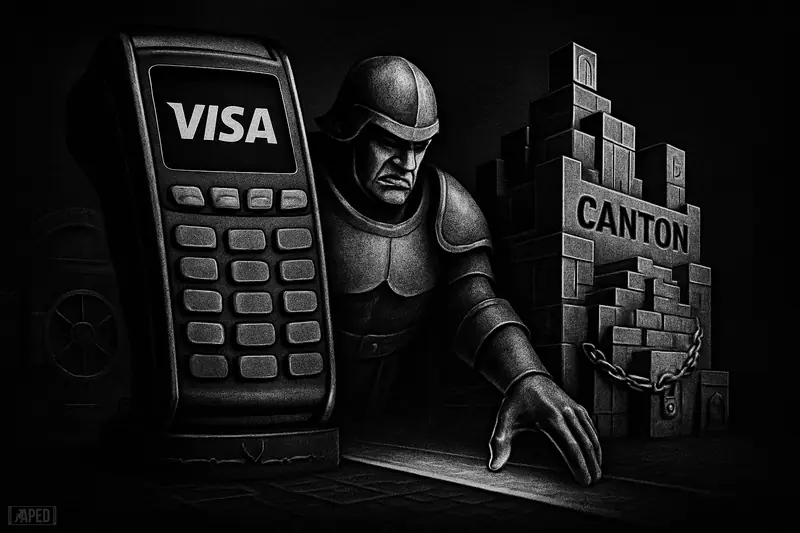 A grayscale armored payment gatekeeper stands beside a fortified digital citadel, guarding tokenized finance rails in a dark cinematic scene.