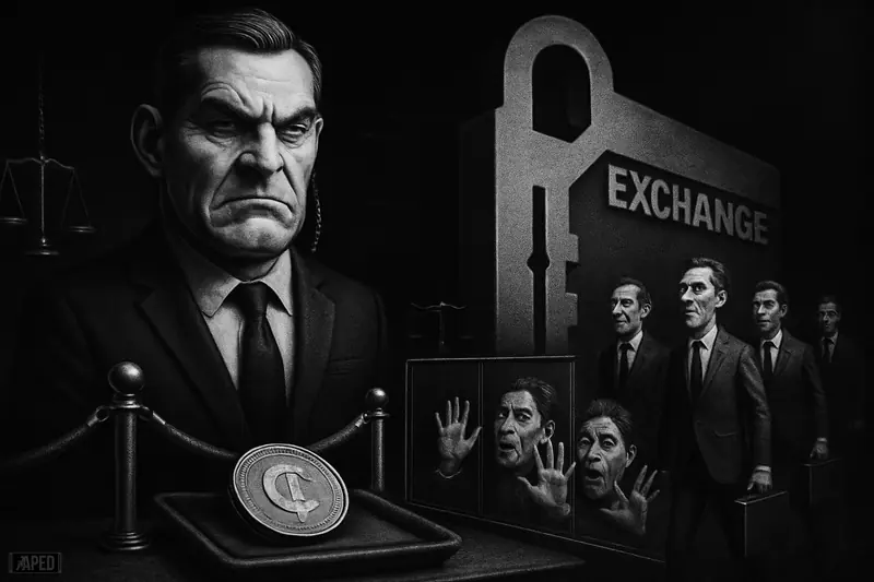 A suited caricature security guard blocks retail crowds at a velvet rope while institutional investors enter a key-shaped exchange, regulation symbols nearby.