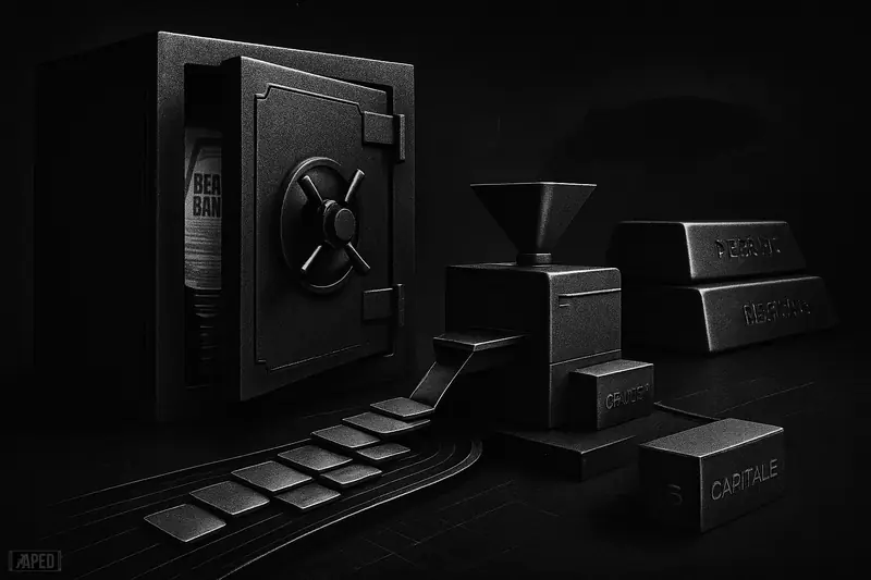 A dark treasury vault converts share certificates into metallic tokens flowing along a shadowy financial network in a grayscale cinematic scene.