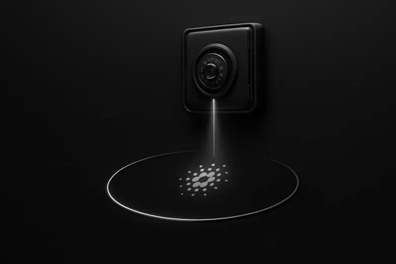 Black background with a luminous hexagonal vault spilling a narrow stream of blue coins into a thin orbiting ring.