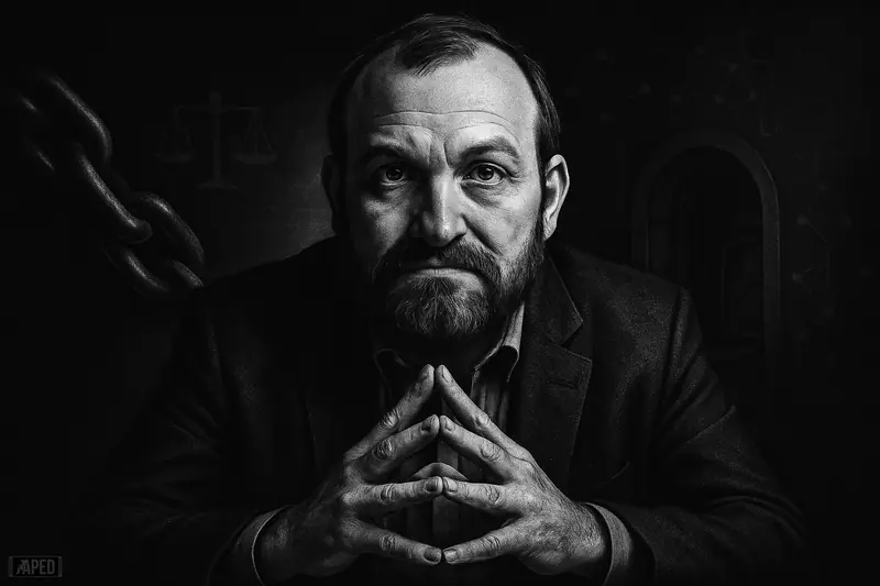 Charles Hoskinson in a moody black-and-white cinematic portrait, with shadowy chain and vault imagery suggesting privacy, governance, and strategic ecosystem expansion.