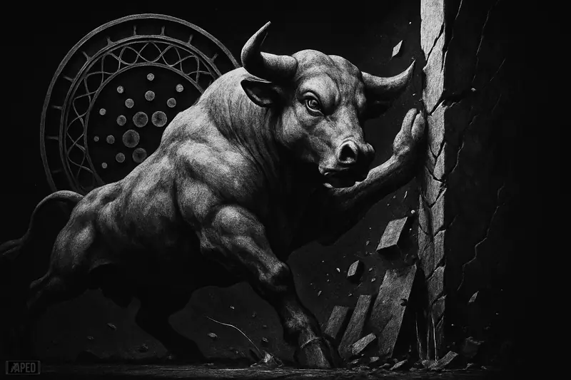 A grayscale stone bull strains against a cracked wall as Cardano-inspired circular structures loom behind in a dark data-grid setting.