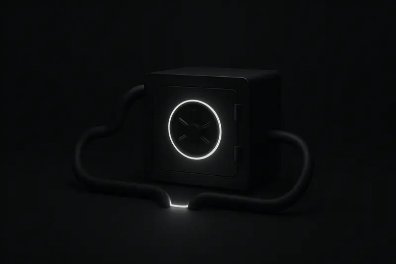 Broken neon circuit ring on a dark background, its energy stream rerouted into a glowing vault-like cube.