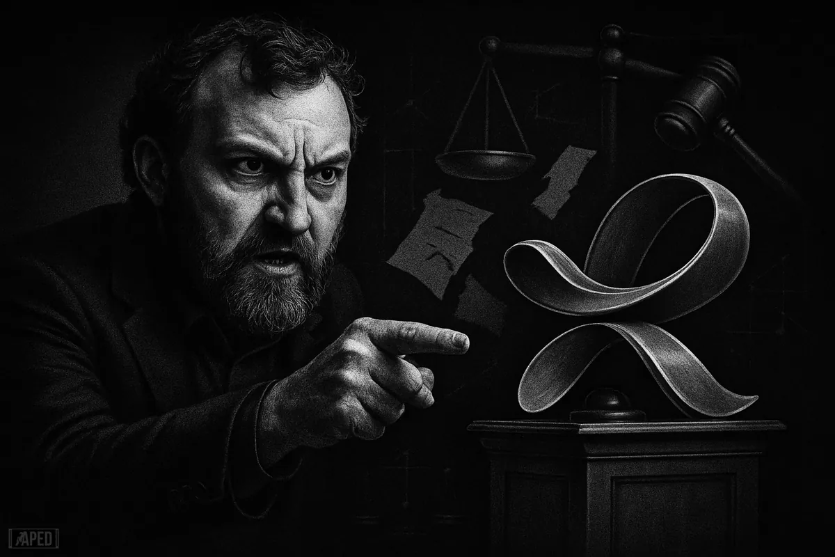 Charles Hoskinson confronts a wave-like corporate symbol in a dark regulatory courtroom scene with scales and gavel in monochrome.