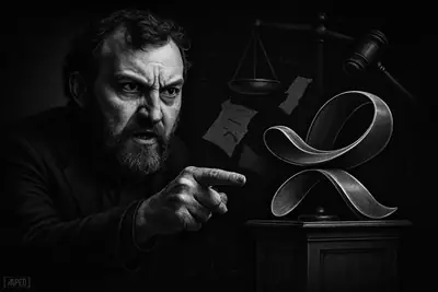 Charles Hoskinson confronts a wave-like corporate symbol in a dark regulatory courtroom scene with scales and gavel in monochrome.