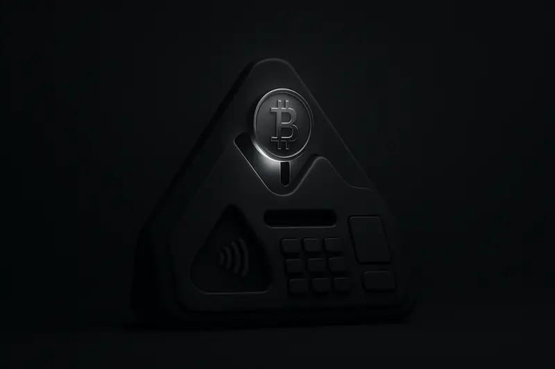 A sleek black checkout terminal shaped like alpine peaks, with a glowing coin sliding into a bright slot on a dark background