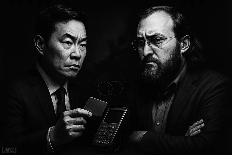 Phillip Pon and Charles Hoskinson appear as photorealistic caricatures in a dark finance-themed scene with payment and blockchain symbols behind them.