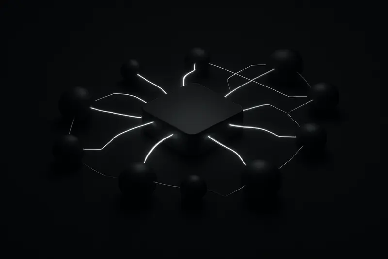 A dark ocean with a single neon island, glowing bridges reaching to dozens of floating orb nodes in space.