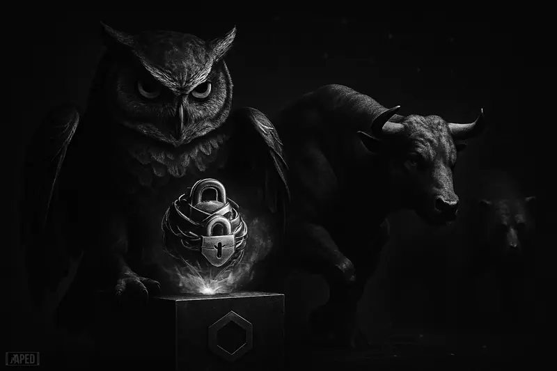 A monochrome owl guards a locked glowing orb as a bull and bear watch in a dark data-grid financial landscape.