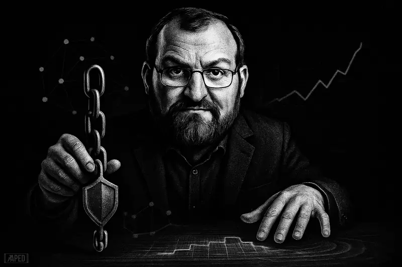 Charles Hoskinson in a moody grayscale caricature scene, presenting a shadowy privacy network device over fragile market charts and dark data-grid background.