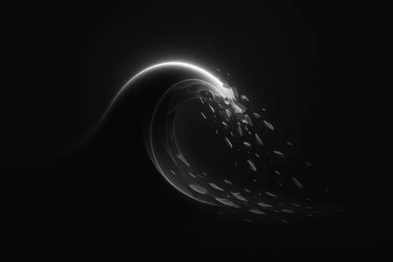 Glowing blue wave peaks and fractures into sharp falling shards over a dark grid, with faint red signal lines behind.