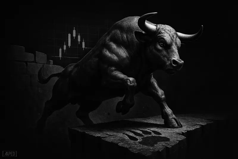 A grayscale bull-like beast climbs back onto a narrow ledge above an abyss, with broken market barriers and a faint data grid behind it.