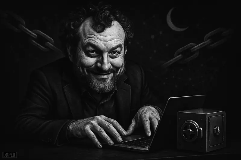 Charles Hoskinson in a moody grayscale caricature, leaning over a desk with secretive expression amid dark privacy-network and midnight imagery.