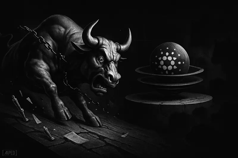 A strained metallic bull slides toward a cracking support platform beneath a fractured orbital structure in a dark grayscale market scene.