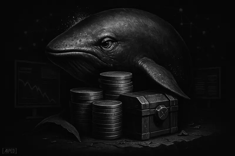A giant grayscale whale coils around stacked assets on a sinking pedestal, surrounded by dark data screens and a bleak market atmosphere.