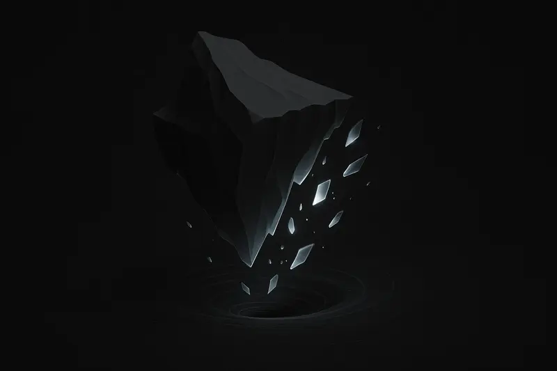 On a black background, a large dark iceberg fractures and sinks while small glowing fragments swirl downward into a deep vortex.