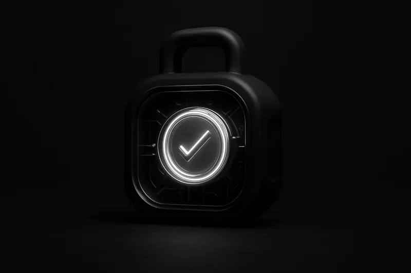 A luminous coin-like disc encased in a transparent capsule, wrapped by neon circuit traces and a small padlock on black.