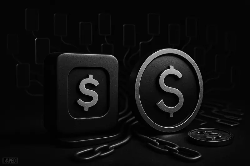 A dark grayscale fintech scene with a stylized payment monolith, stablecoin transfer ring, branching network lines, and many phone silhouettes.