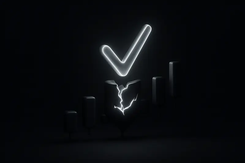 On a black background, a fractured neon candlestick splits open as a bright checkmark rises amid faint grid lines.