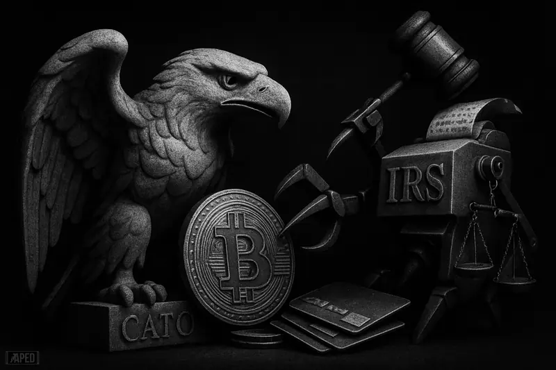 A defiant eagle statue shields a crypto token from a threatening tax machine in a dark grayscale financial editorial scene.