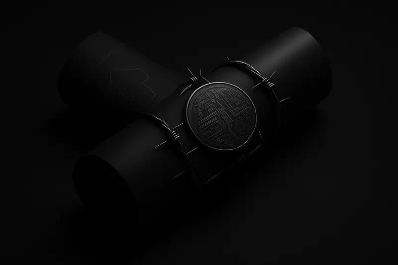 A glowing circuit-pattern coin trapped inside a rolled architectural blueprint, tightly wrapped in dark barbed wire on black background.