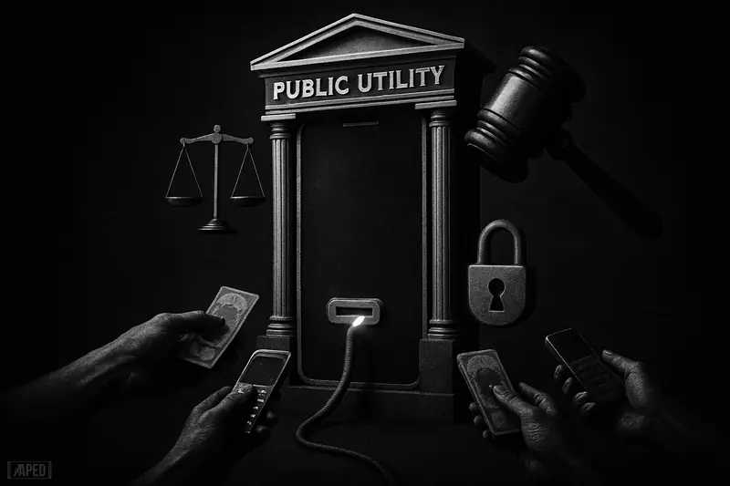 A dark, photorealistic caricature of a courthouse-like payment terminal as hands offer phones and cash, under a faint data-grid backdrop.