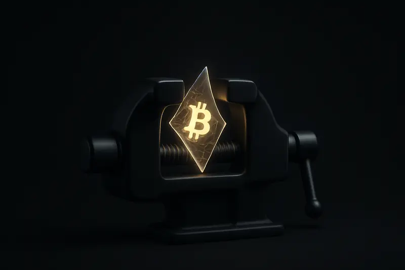 A fractured glowing coin-like shard squeezed by a dark steel vise, with faint terminal lights and shadows on black.