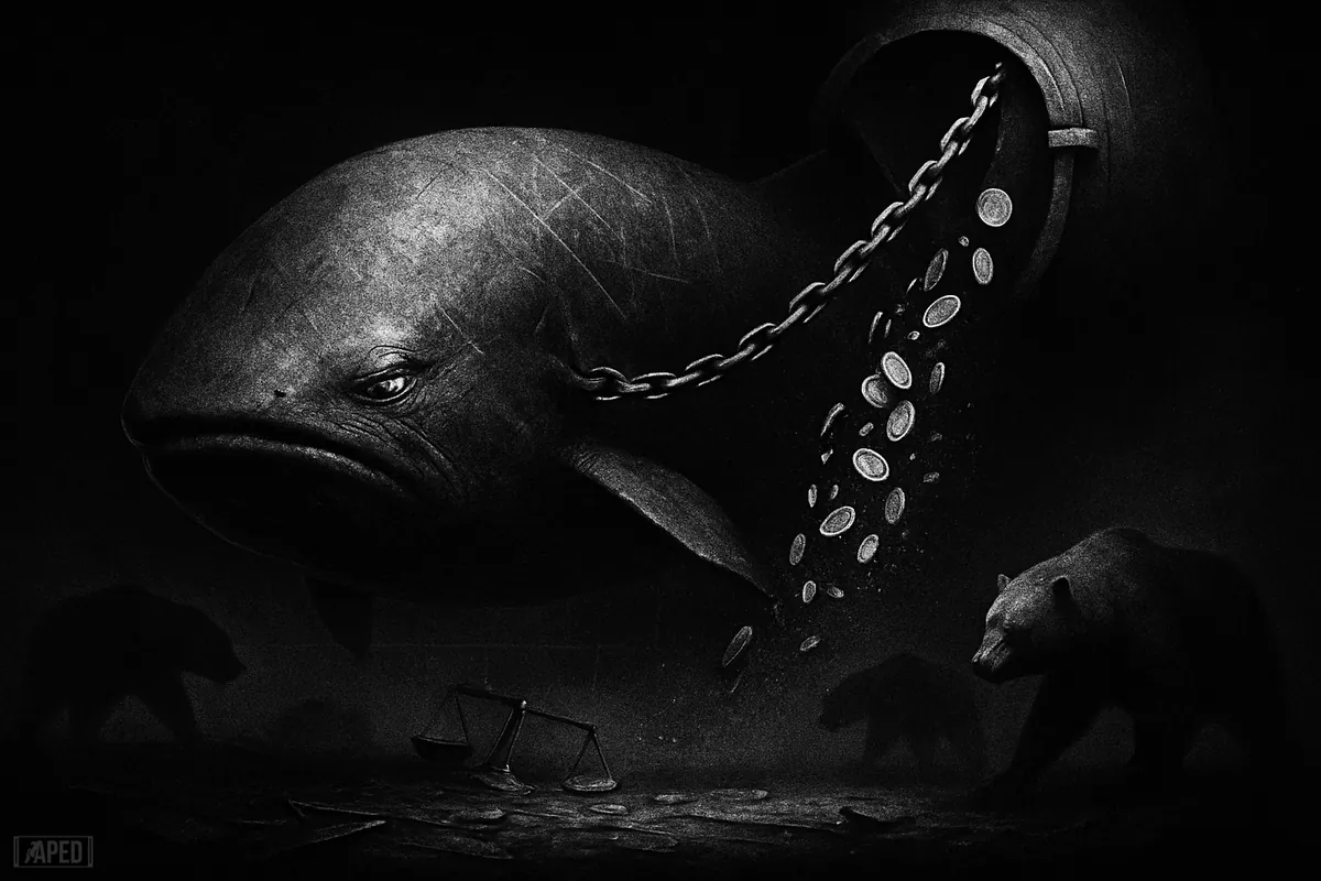 A monochrome celestial whale sinks beneath falling shards while shadowy bears circle in a dark market-themed scene.