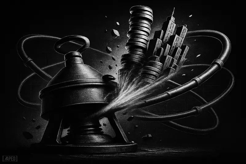 A dramatic grayscale industrial centrifuge spins upward, lifting asset-like structures amid DeFi rings against a dark grid background.