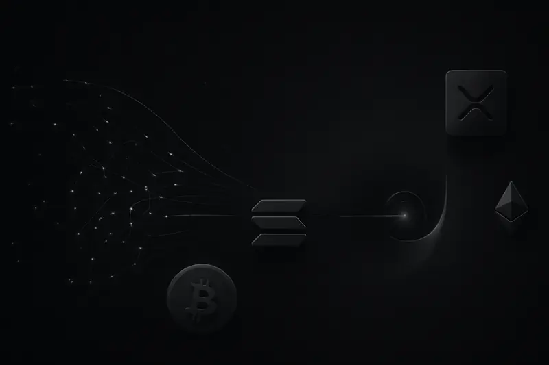 A neon-blue web of connected nodes narrows into a sharp compass symbol over a dark, matte black background.