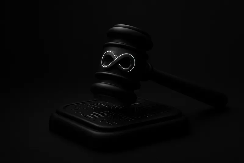A matte-black gavel with a glowing infinity symbol head strikes a circuit-board platform, sending neon-blue sparks into darkness