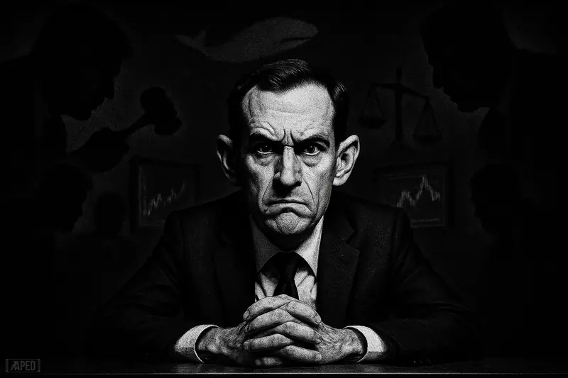 Mike Selig sits under harsh light at a hearing table while shadowy lawmakers press in around him in a dark grayscale scene.