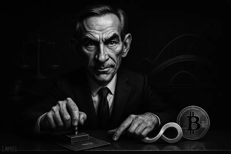 Mike Selig caricature at a trading desk, approving crypto derivatives as gavels, scales, and a bitcoin-linked infinity instrument emerge in grayscale darkness.