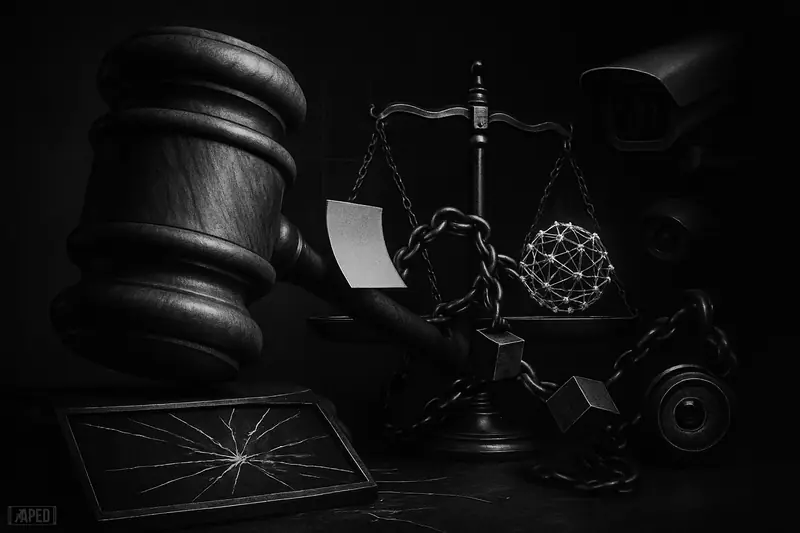 A looming gavel hovers over a cracked trading console, surrounded by AI nodes, blockchain chains, and surveillance optics in dark monochrome.